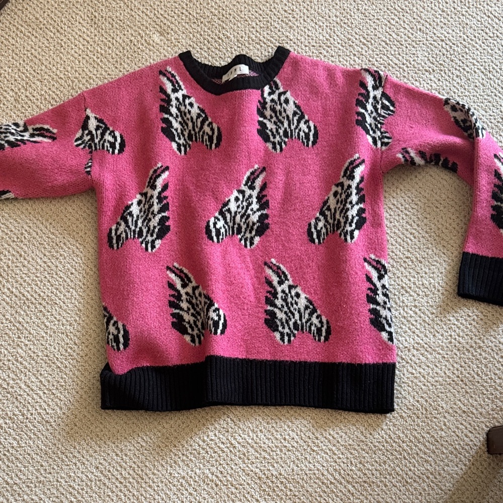 THML Pink Leopard-Print Crewneck Sweater with Black Trim